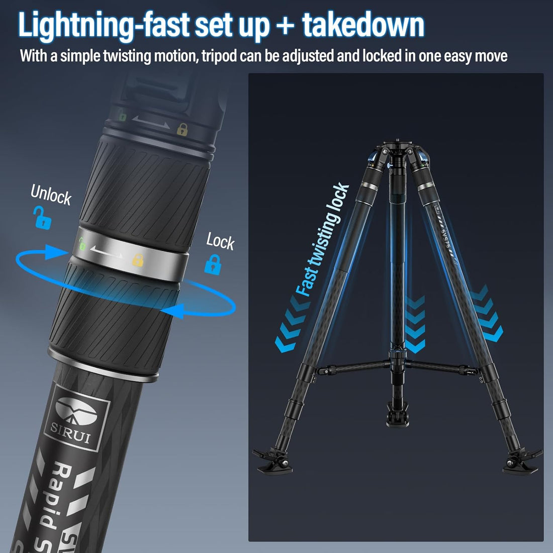 SIRUI SVS75 Professional Video Tripod, 61" Carbon Fiber Tripod with One-Step Height Adjustmen