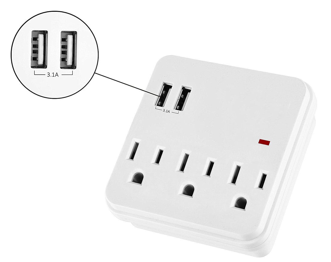 Seven Star SS-504 Wall Tap Surge Protector Adapter 3 Electrical Outlet with 2 USB Charging Ports