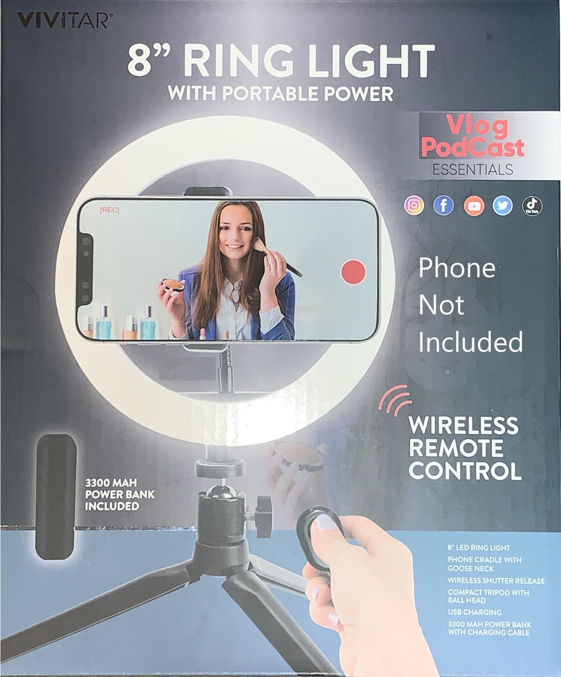 Vivitar 8" Ring Light W/ Portable Power Bank & Wireless Shutter Release VIVRL8KIT-NOC   nbnbnbj