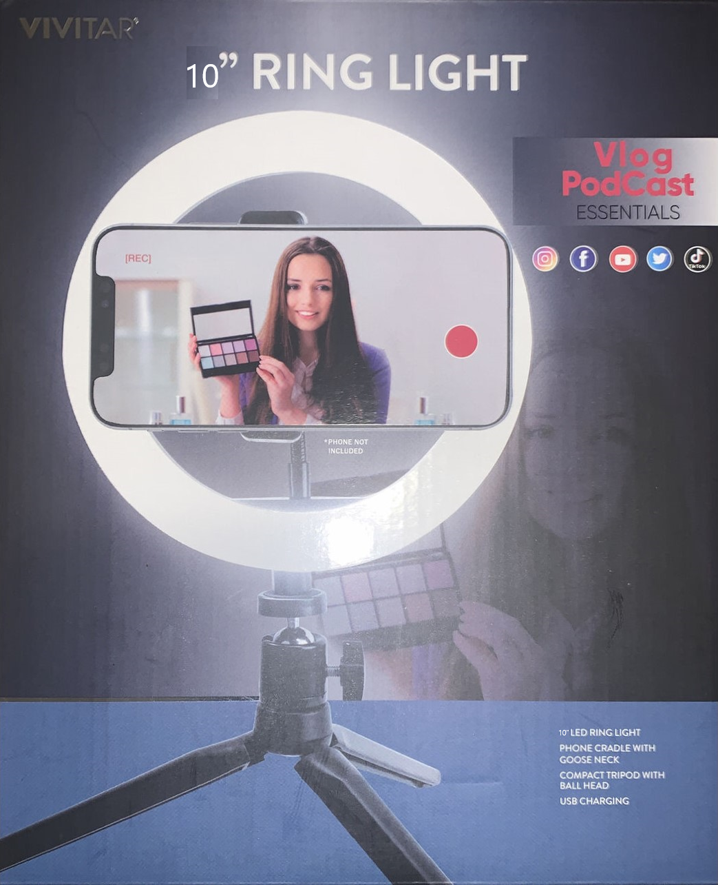 Vivitar 10" LED Ring Light + Tripod + Phone Clamp Vlog Stream Essentials VIVRL10