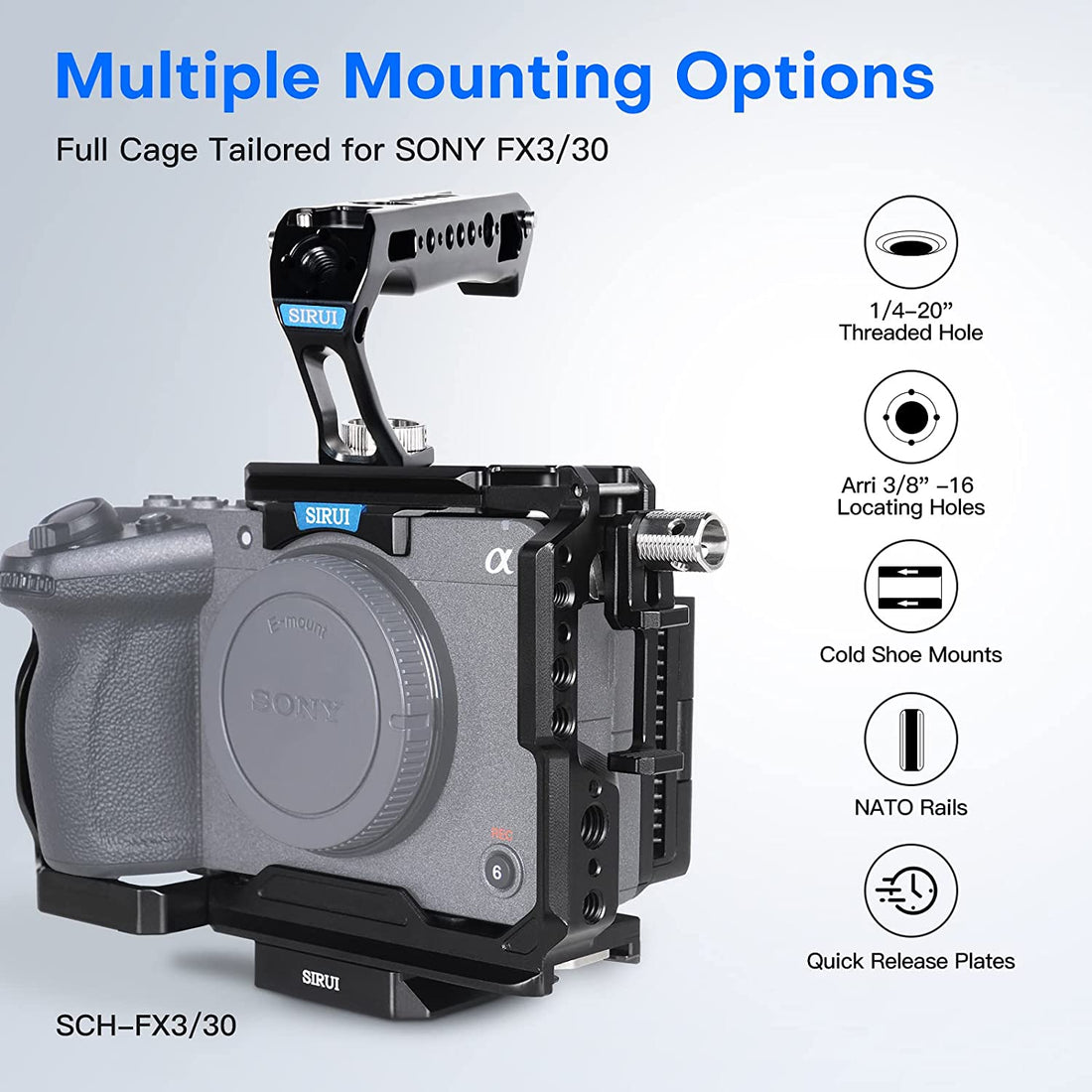 SIRUI Full Camera Cage w/ Handle 4 Sony SCH-FX3/FX30 HDMI Clamp 1/4"20 & 3/8"16  6952060029481
