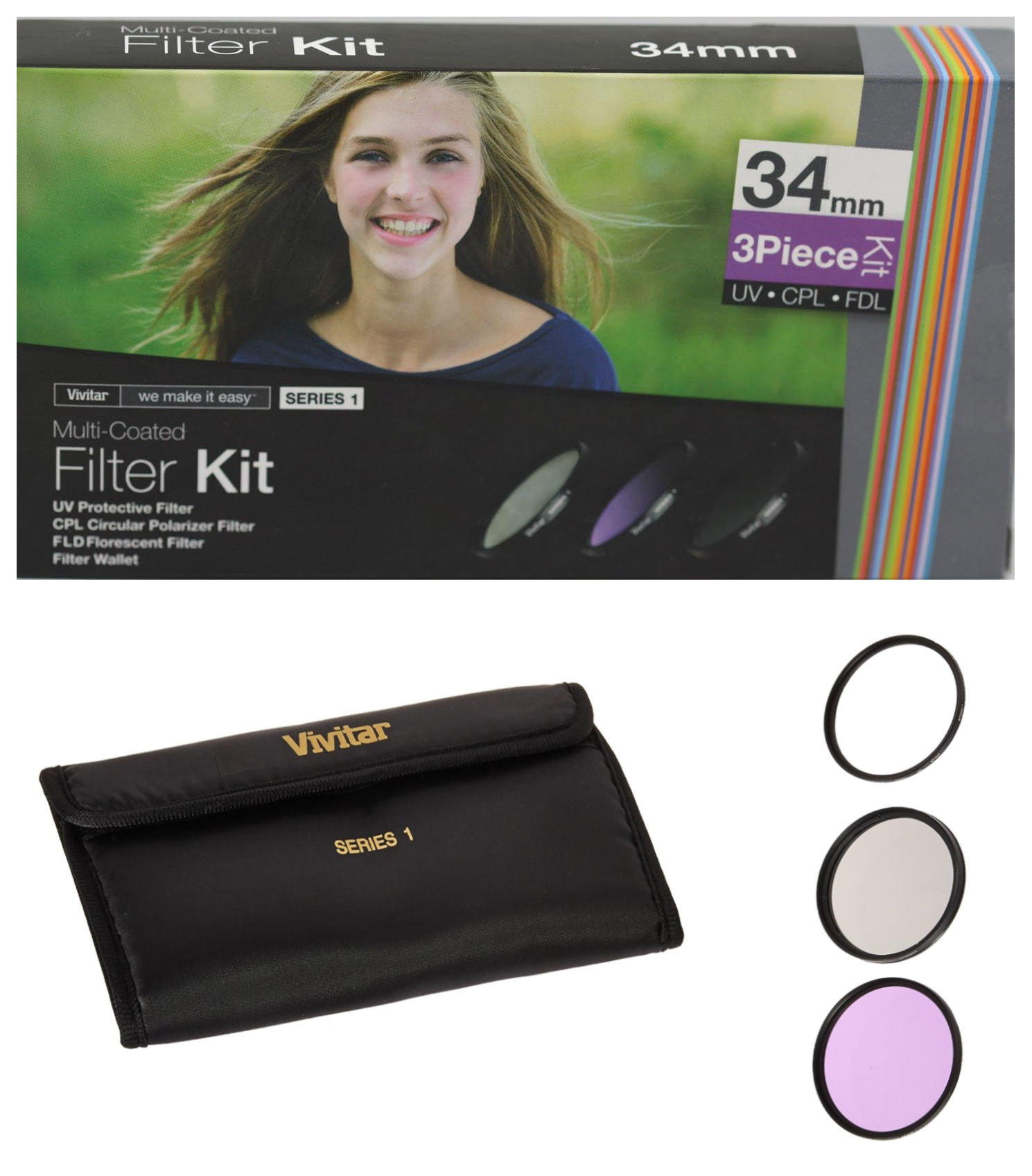 Vivitar 3 Piece 34mm Filter Kit (UV, CPL Polarizer, FLD Florescent)  VIV-FK3-34